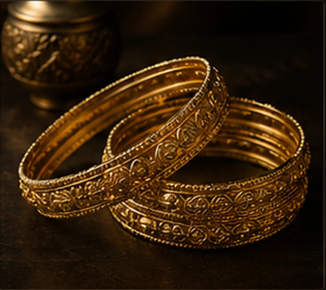 Detailed gold bangles arranged on a dark surface