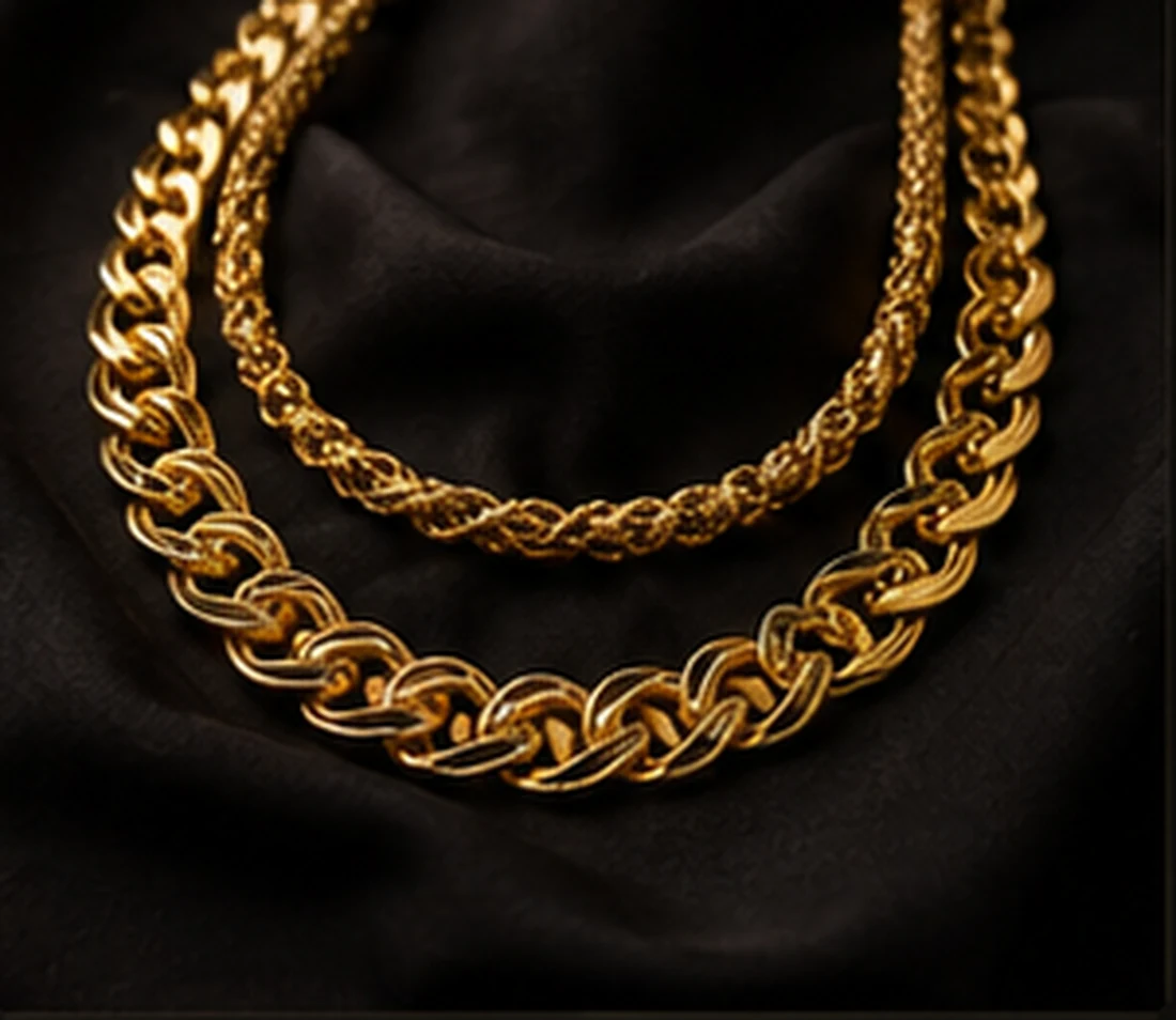 Gold chain styles arranged on black fabric