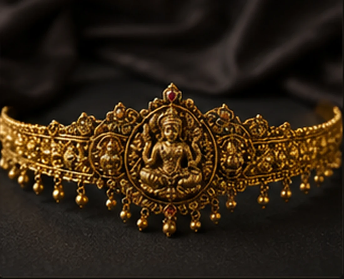 Traditional gold choker ornament on dark fabric