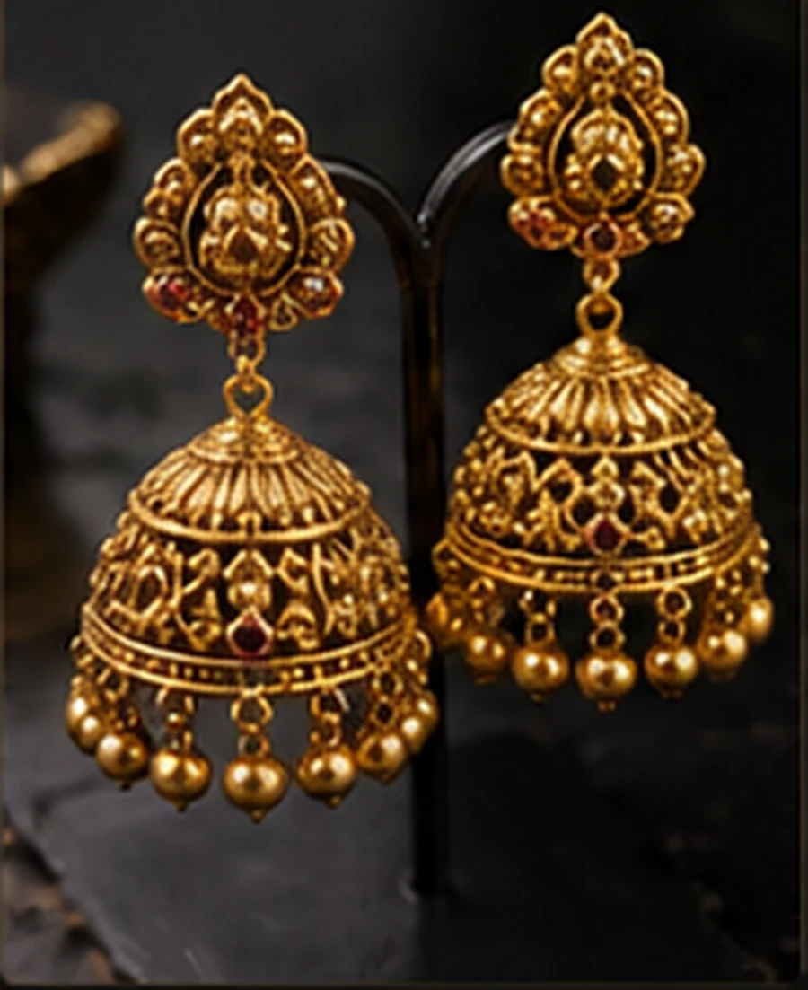 Close-up of gold hanging earrings with detailed craftsmanship