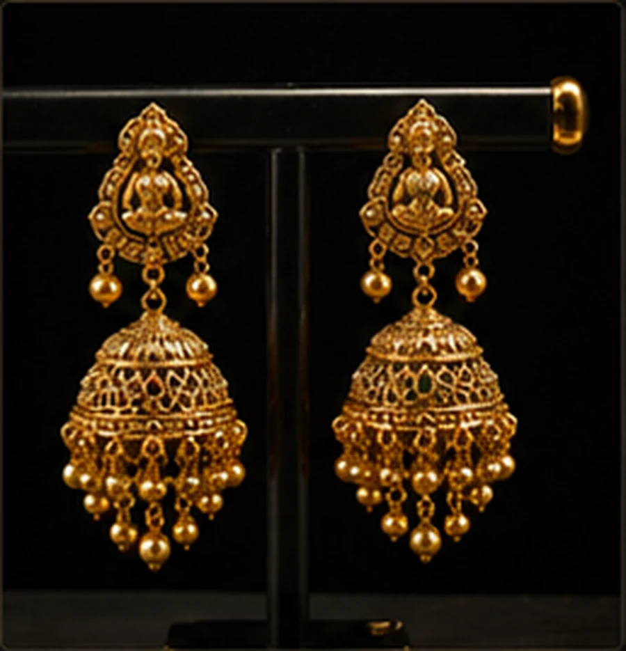 Detailed gold earrings displayed on a black stand