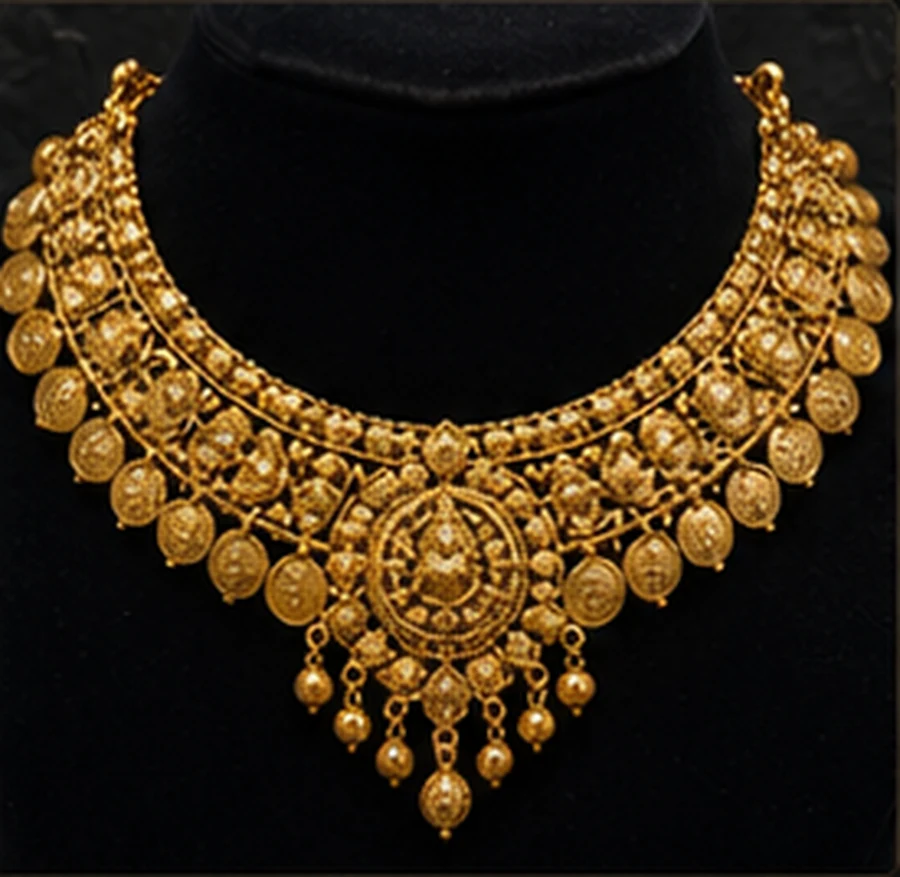 Traditional gold necklace on black display for jewellery showrooms