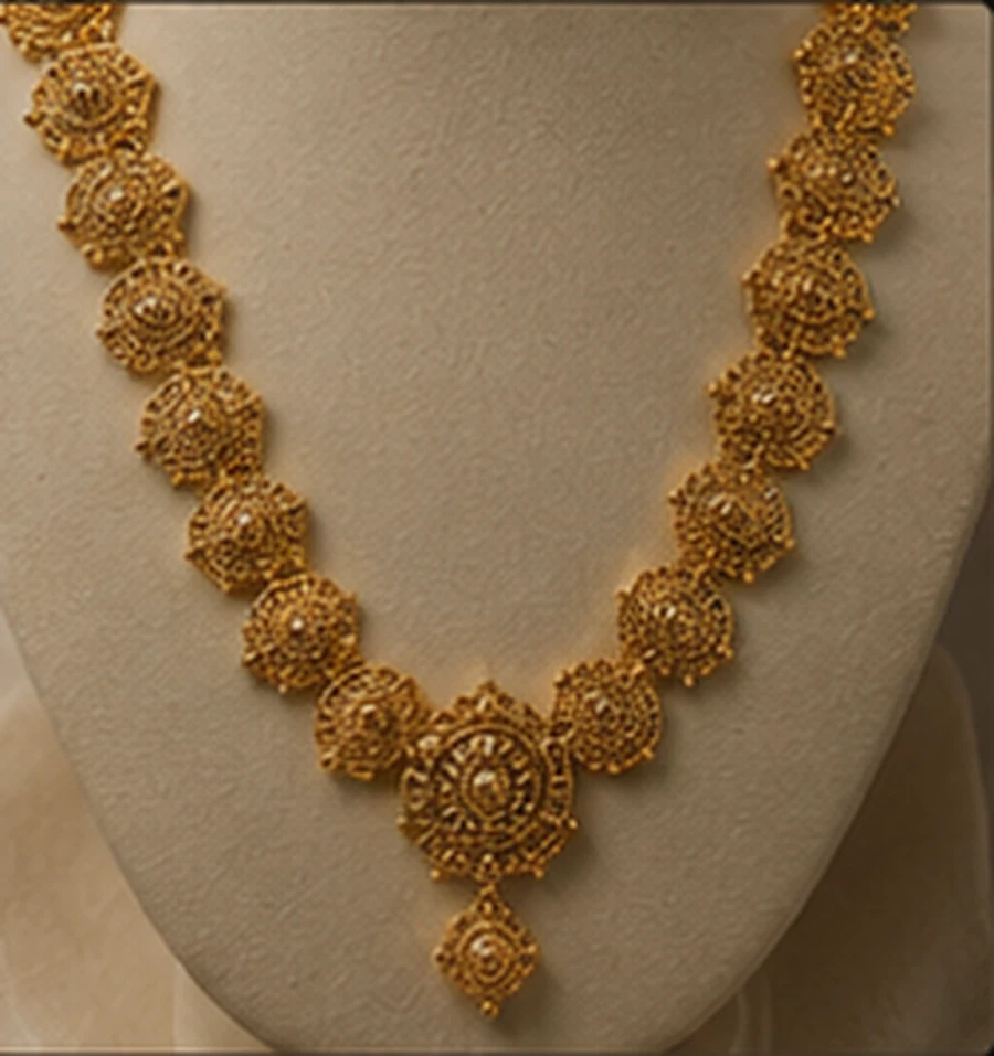 Gold necklace set displayed on a cream bust