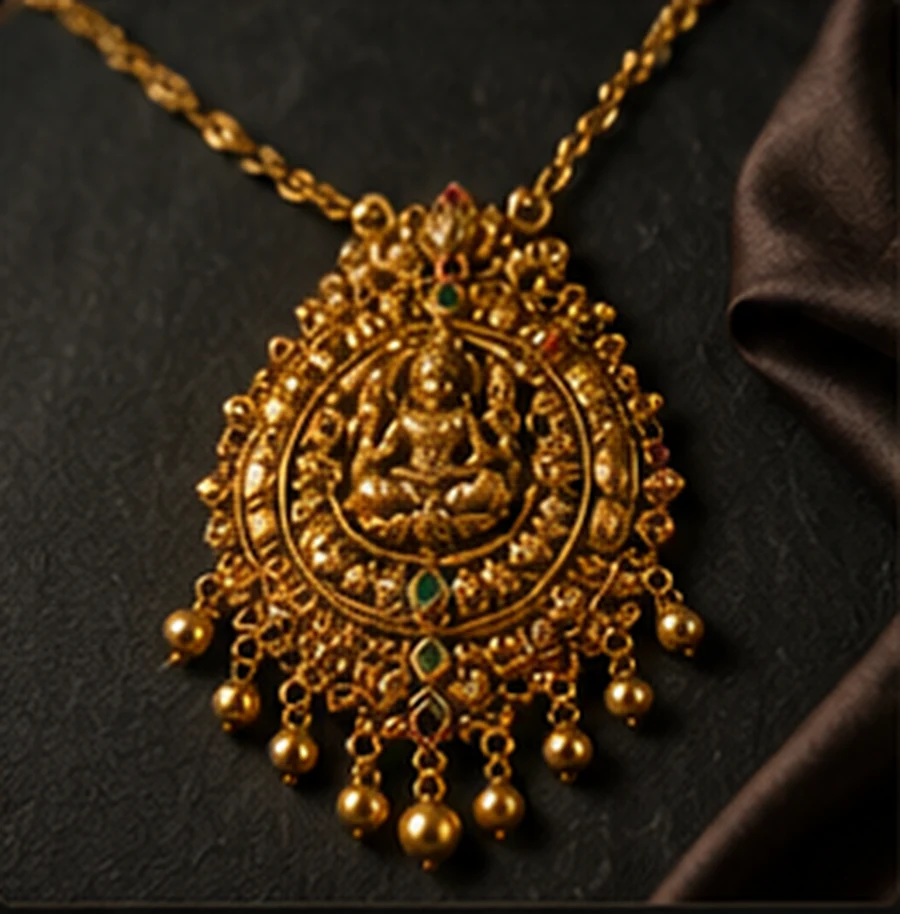 Ornate gold pendant on dark fabric