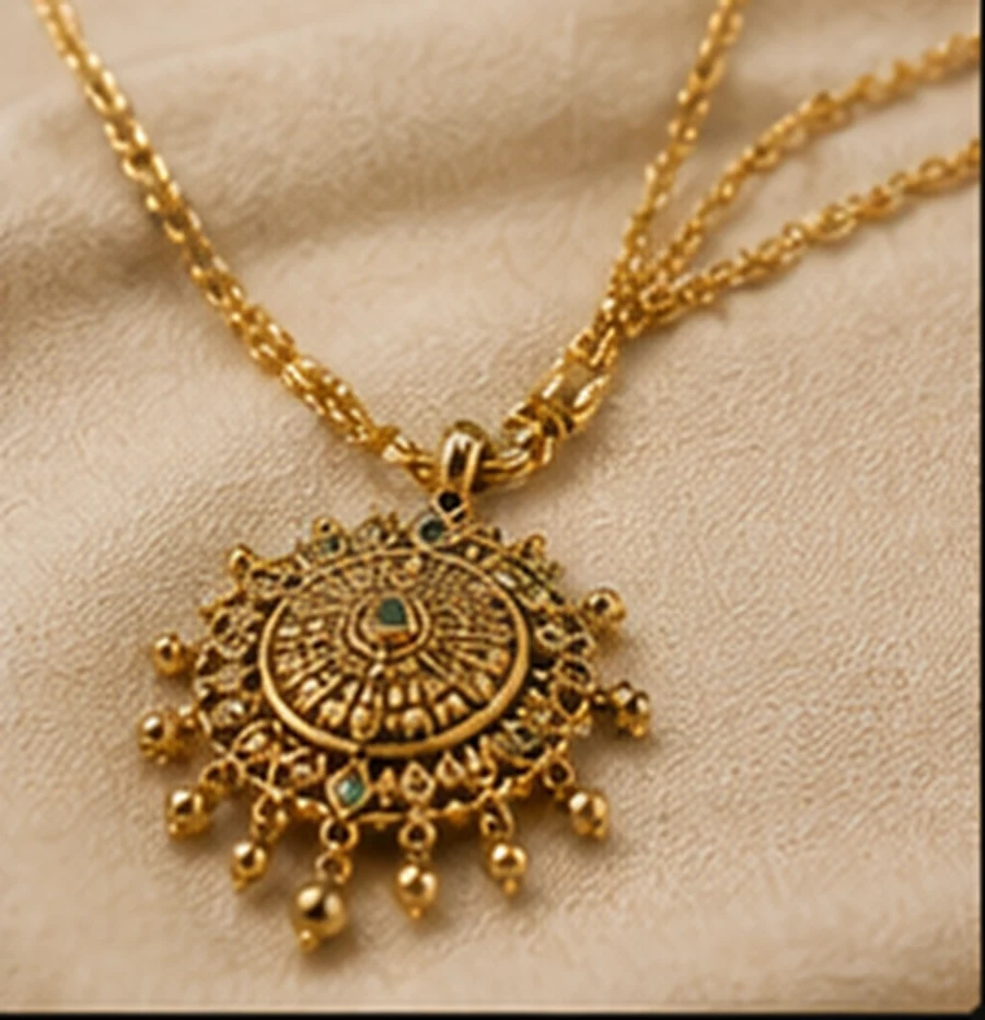 Close-up gold pendant and chain on cream fabric