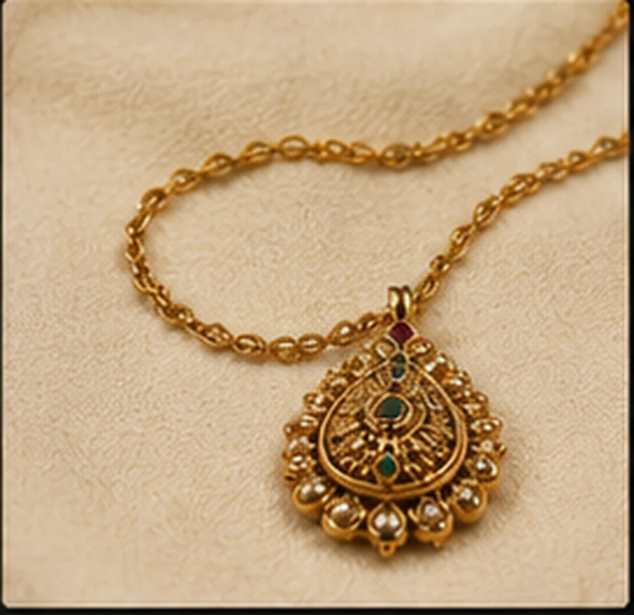 Gold pendant and chain on a cream display surface