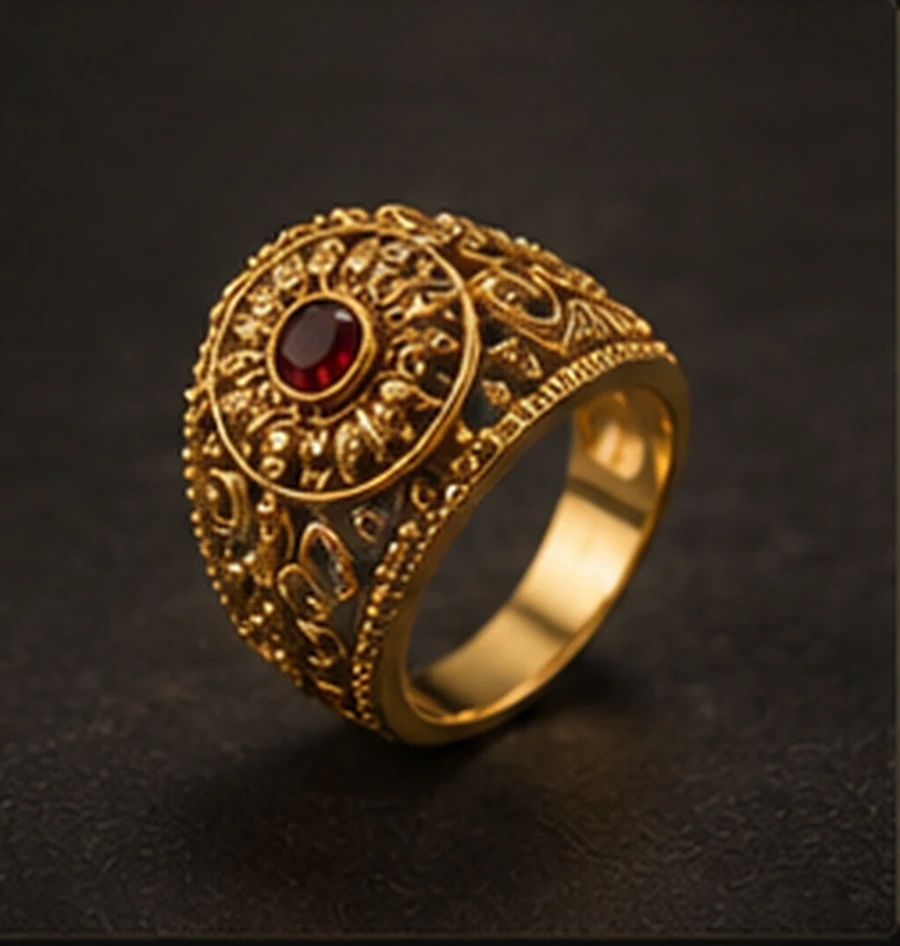 Detailed gold ring with ruby-style centre stone